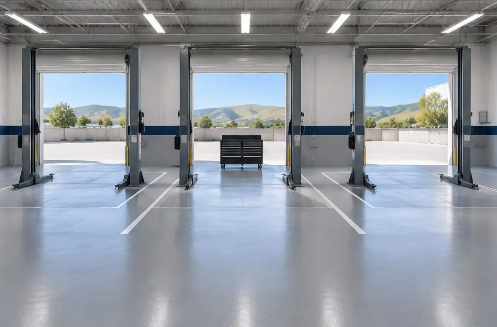 Illustration: a tidy four-bay auto repair shop with a smooth gray epoxy floor, painted bay lines, two vehicle lifts and a rolling tool cabinet