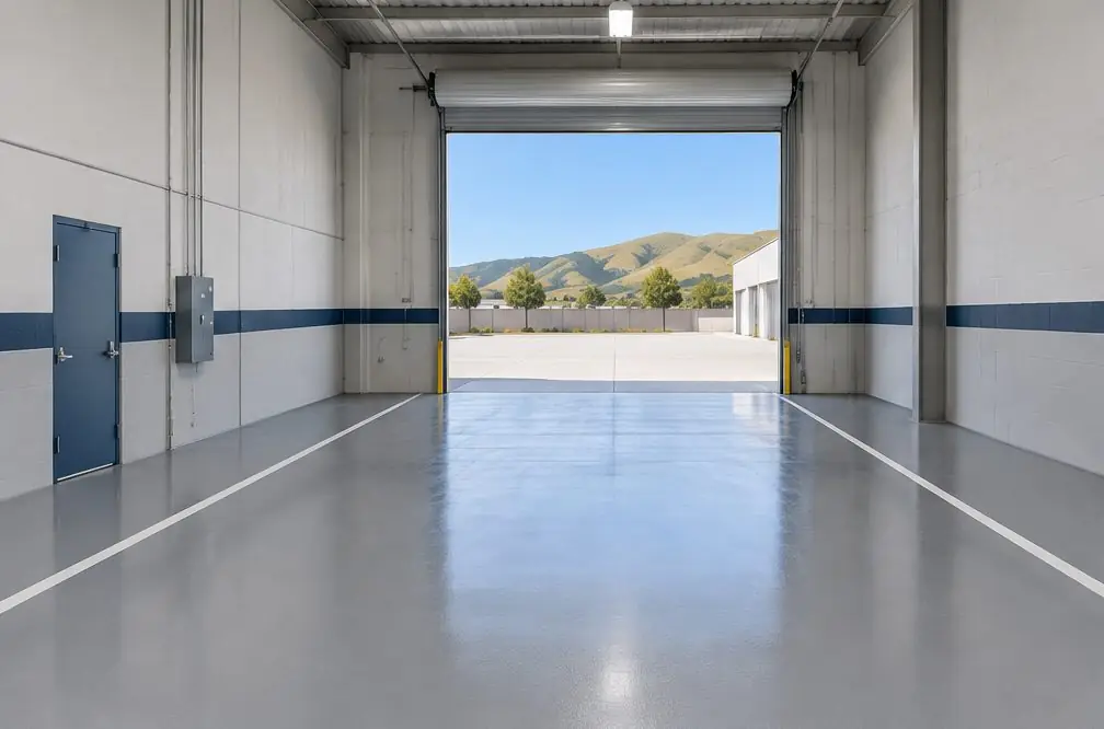 Illustration: a bright light-industrial unit in Hayward with a newly coated gray epoxy floor, neutral painted aisle lines and a loading door open at the back