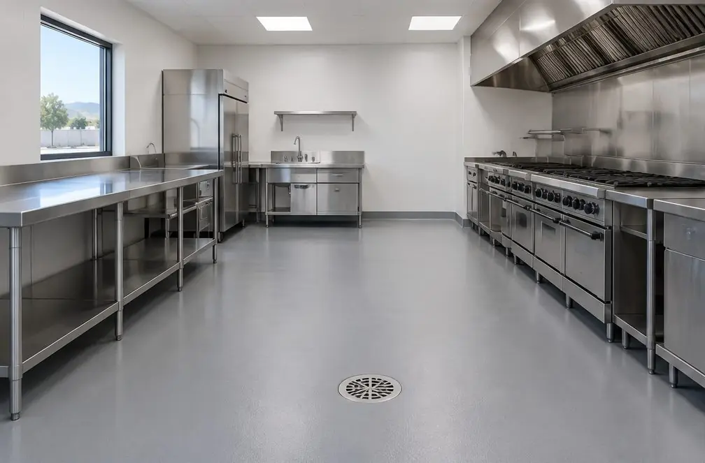 Illustration: a restaurant kitchen with a seamless gray floor curving up the wall as a coved base, a floor drain, stainless prep tables and a cook line
