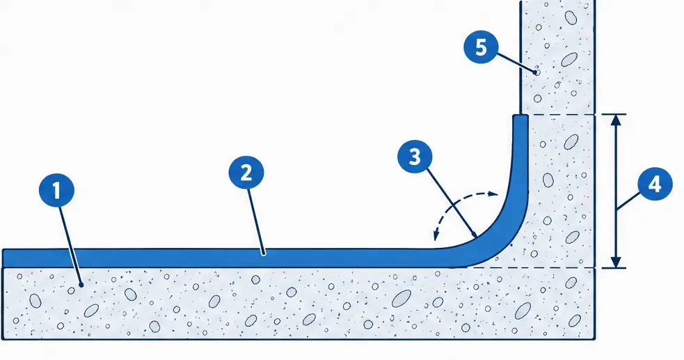 Diagram: cross-section of a commercial kitchen floor meeting a wall with a curved coved base, a slab, a thick urethane cement layer, the cove radius and a dimension showing the cove height up the wall