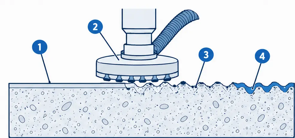Diagram: cross-section of a concrete slab surface, a smooth troweled skin on the left and a ground rough profile on the right with coating filling the valleys, with a diamond grinding head above