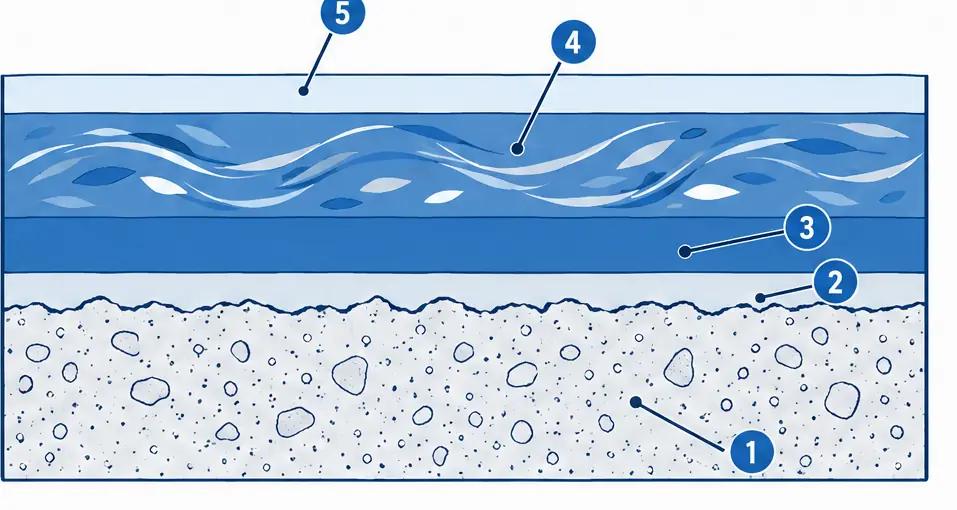 Diagram: cross-section of a metallic epoxy floor with a pigmented base coat, a swirled metallic pigment layer and a clear topcoat on a ground slab