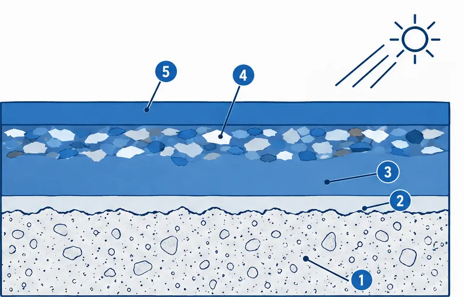 Diagram: cross-section of a polyaspartic flake garage floor with a polyaspartic base, broadcast flakes and a polyaspartic topcoat over a ground slab