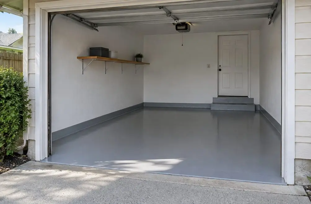 Illustration: a small one-car Burbank garage with a smooth medium-gray solid-color epoxy floor, a coated entry step to the house and a wall-mounted shelf
