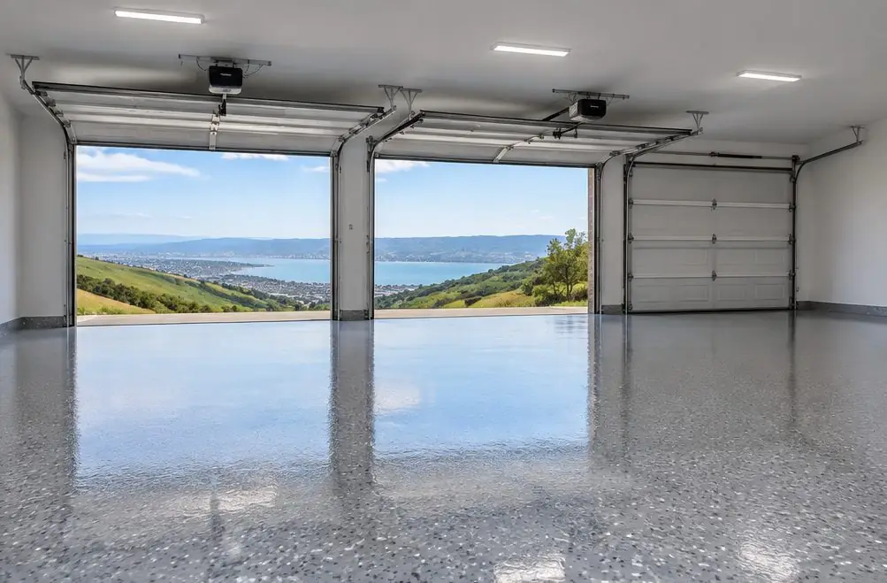 Illustration: a wide three-car hillside garage in Hayward Highland with a glossy gray polyaspartic flake floor and the doors open to a view of the hills