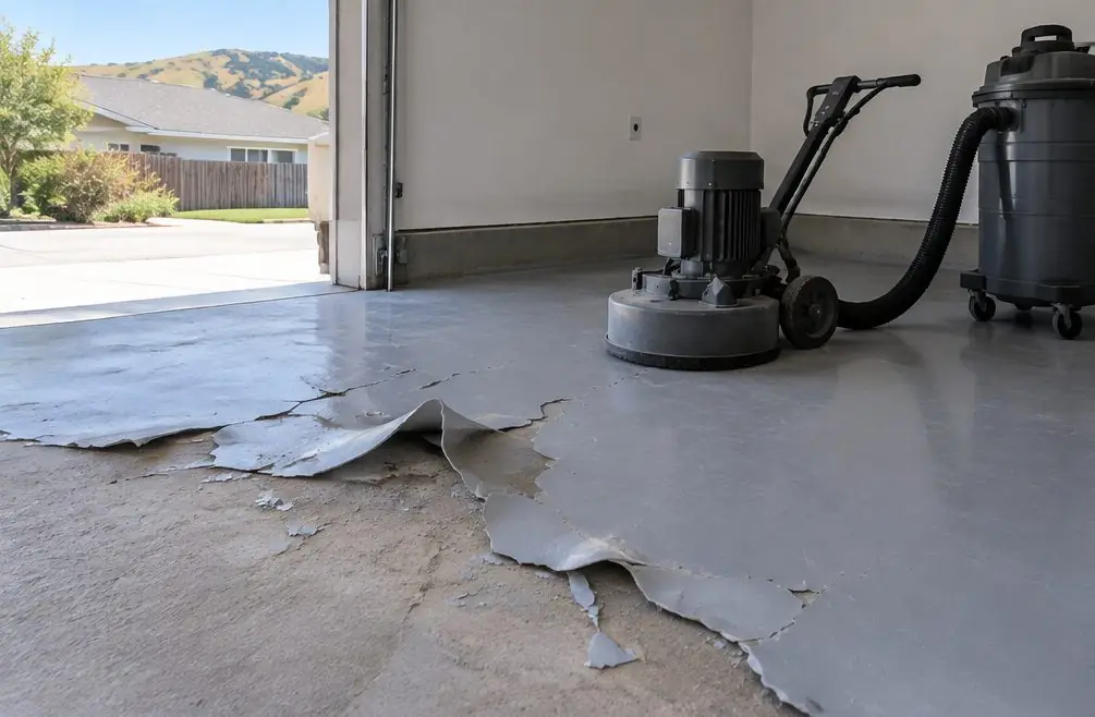 Illustration: a peeling gray epoxy coating curling up in sheets on a garage slab in a Hayward home, a grinder and vacuum waiting beside it