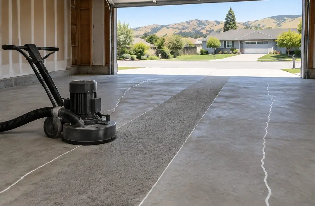 Illustration: a diamond grinder with a dust shroud and vacuum hose working across a bare concrete garage floor in a Hayward tract home, cracks marked with chalk