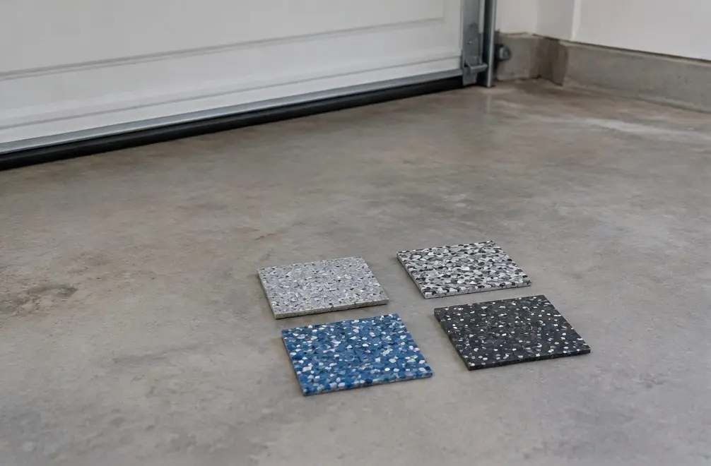 Illustration: a plain gray garage floor with four small sample squares of different coatings laid on the bare concrete near the door