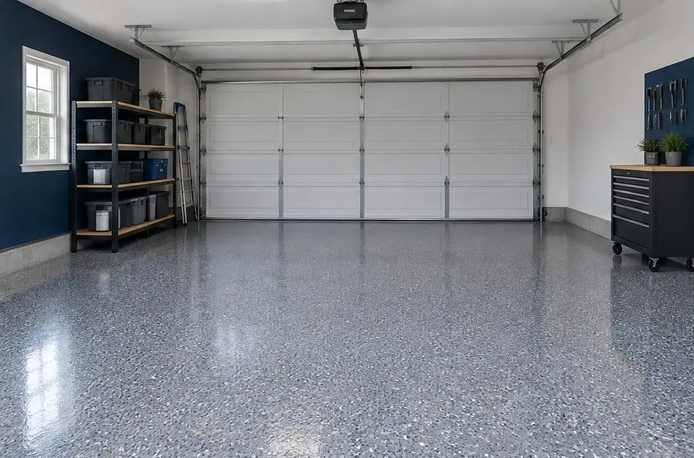 Illustration: the same two-car garage with a finished flake floor and tidy shelves