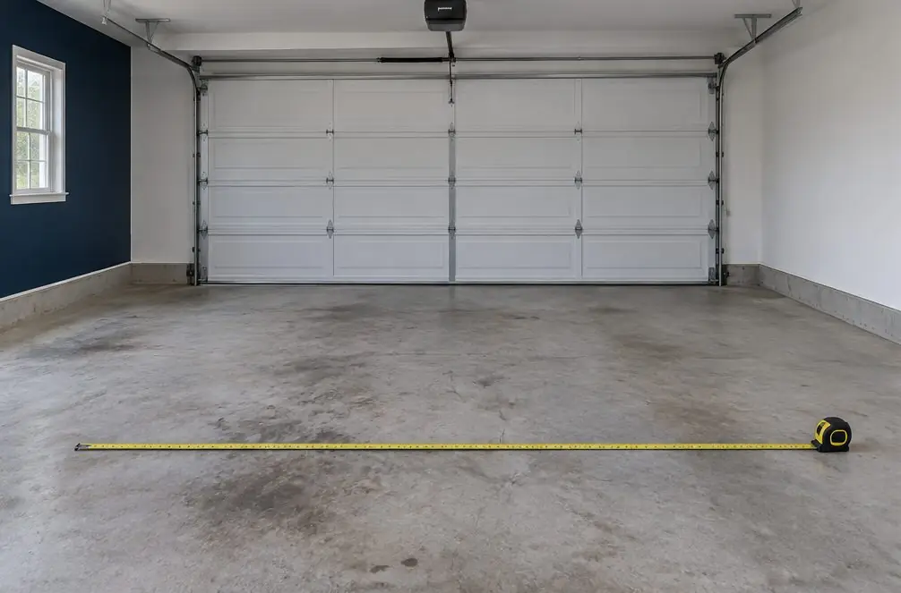 Illustration: a two-car garage with a bare, stained concrete floor and a tape measure laid across it