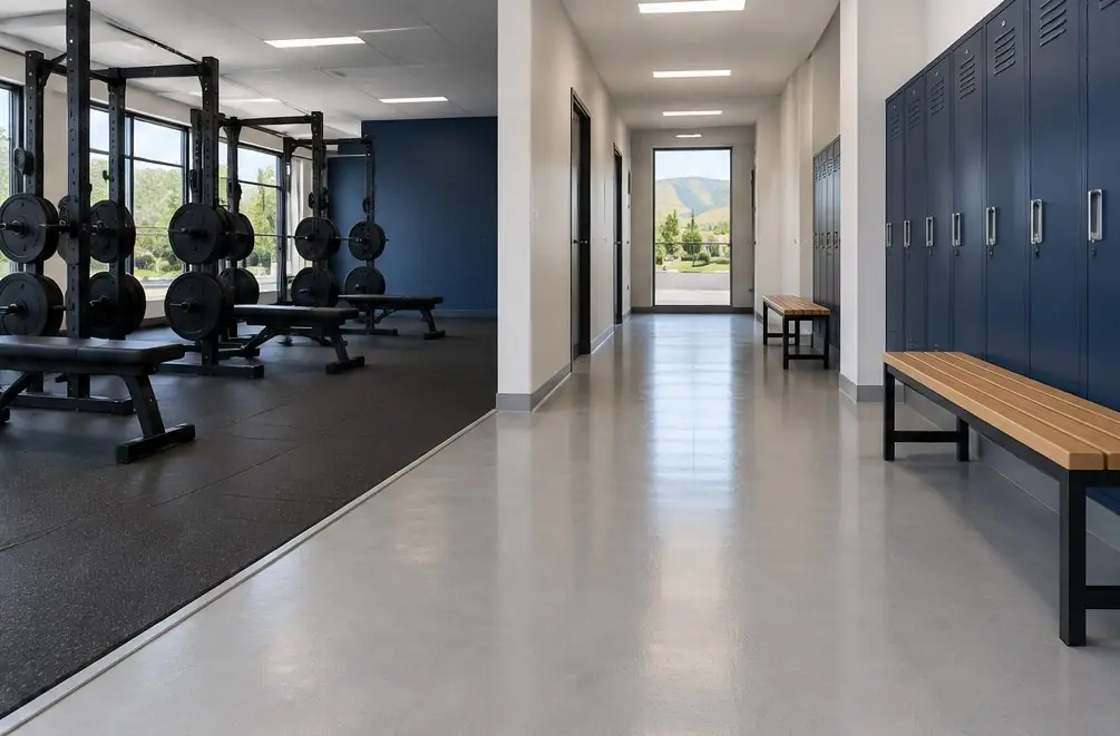 Illustration: a bright Hayward fitness studio with a smooth gray coated entrance and locker-room floor and black rubber flooring along the weights area