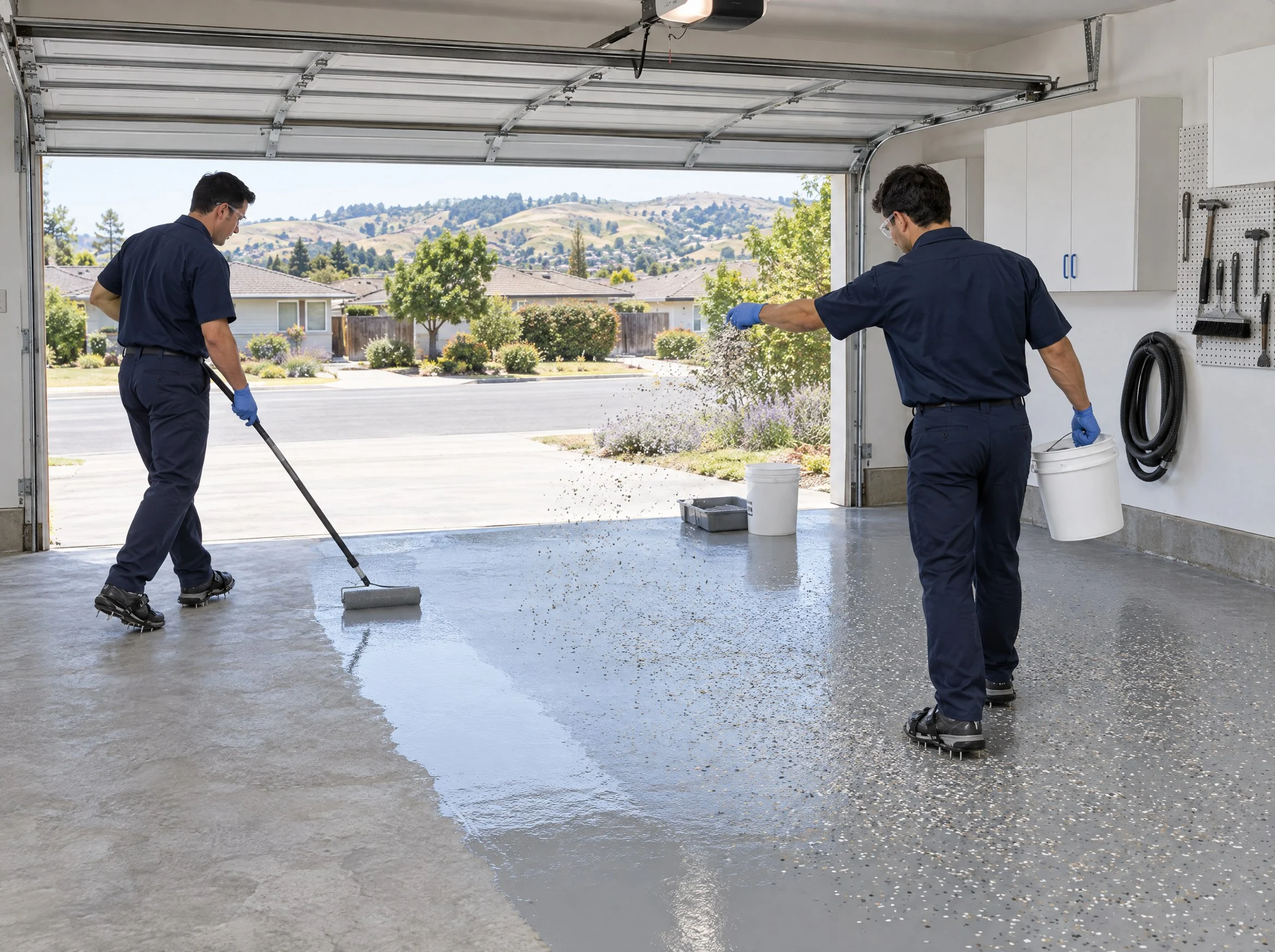 Illustration: two coating installers in matching uniforms in a clean two-car Hayward garage with the door open to daylight, one rolling the base coat and the other broadcasting colored flakes by hand (AI-generated)