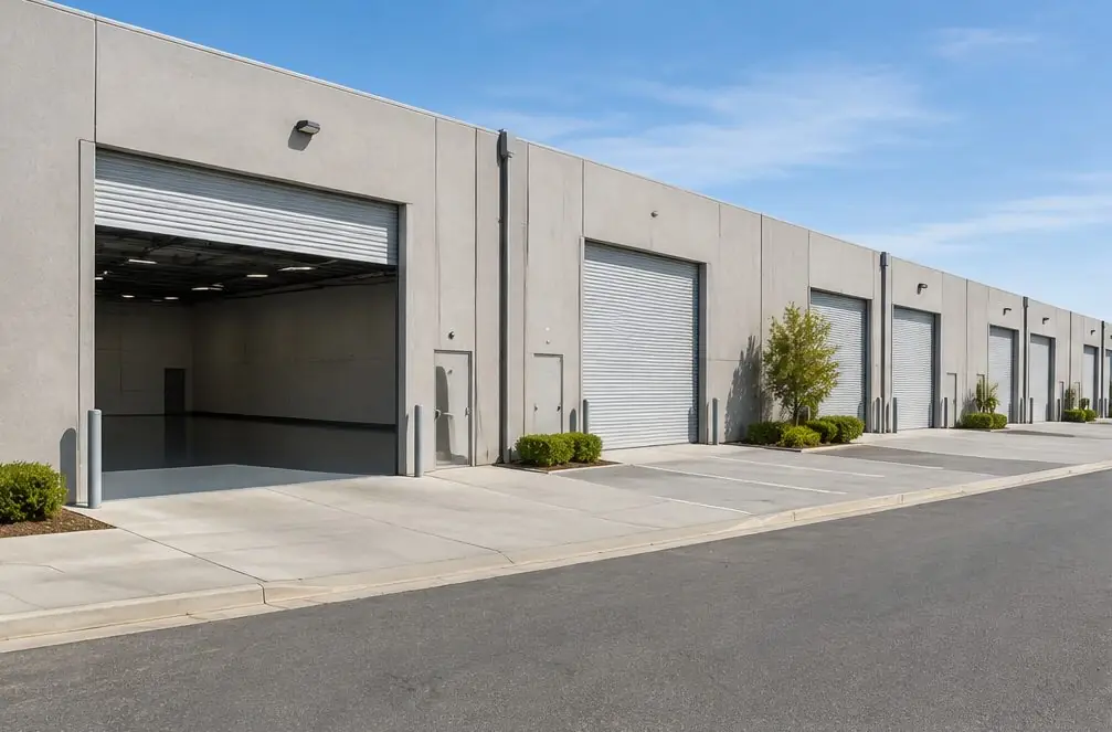 Illustration: a row of concrete tilt-up industrial units in the I-880 corridor, one roll-up door open to a smooth gray coated floor