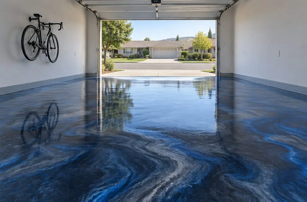 Illustration: a Hayward garage floor with a swirled metallic blue-and-charcoal epoxy finish catching light from the open door