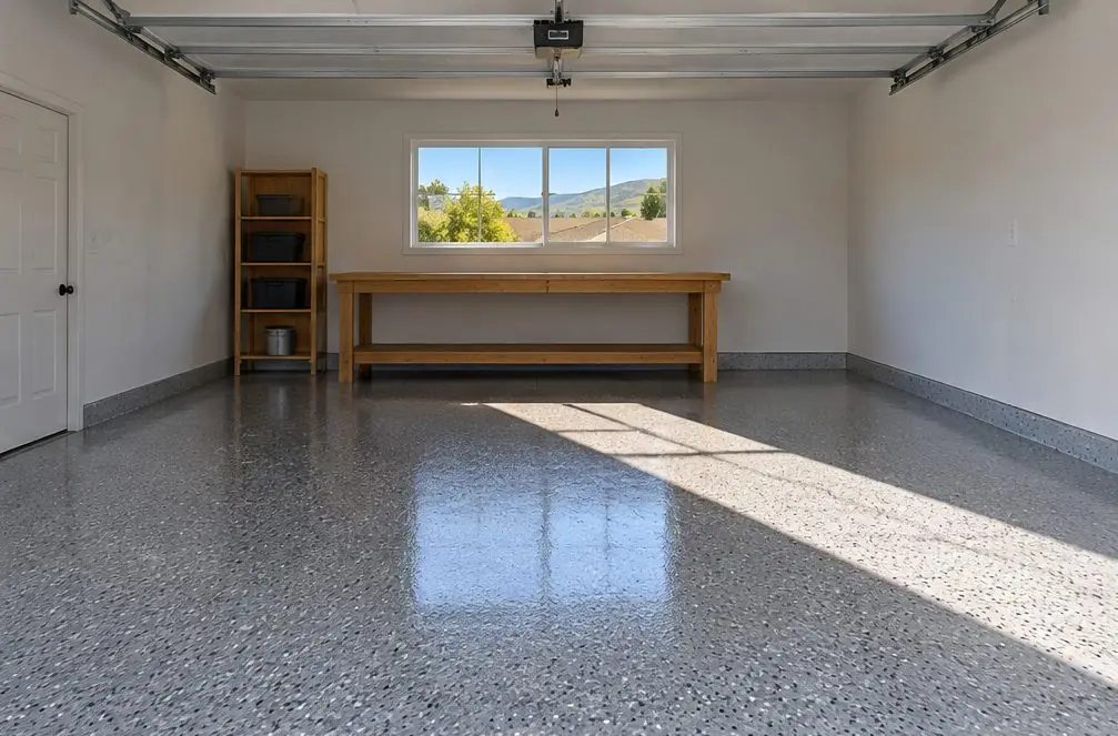 Illustration: a Hayward garage with a glossy gray polyaspartic flake floor and the garage door open to afternoon sun, a workbench along the back wall