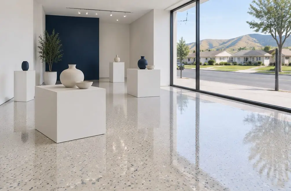 Illustration: a bright Hayward retail showroom with a polished-looking cream-and-gray flake epoxy floor, display plinths and a front window