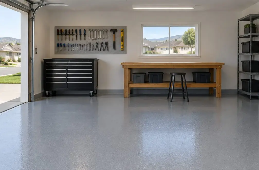 Illustration: a Hayward workshop garage with a smooth light-gray epoxy floor, a rolling tool chest and a workbench under a window