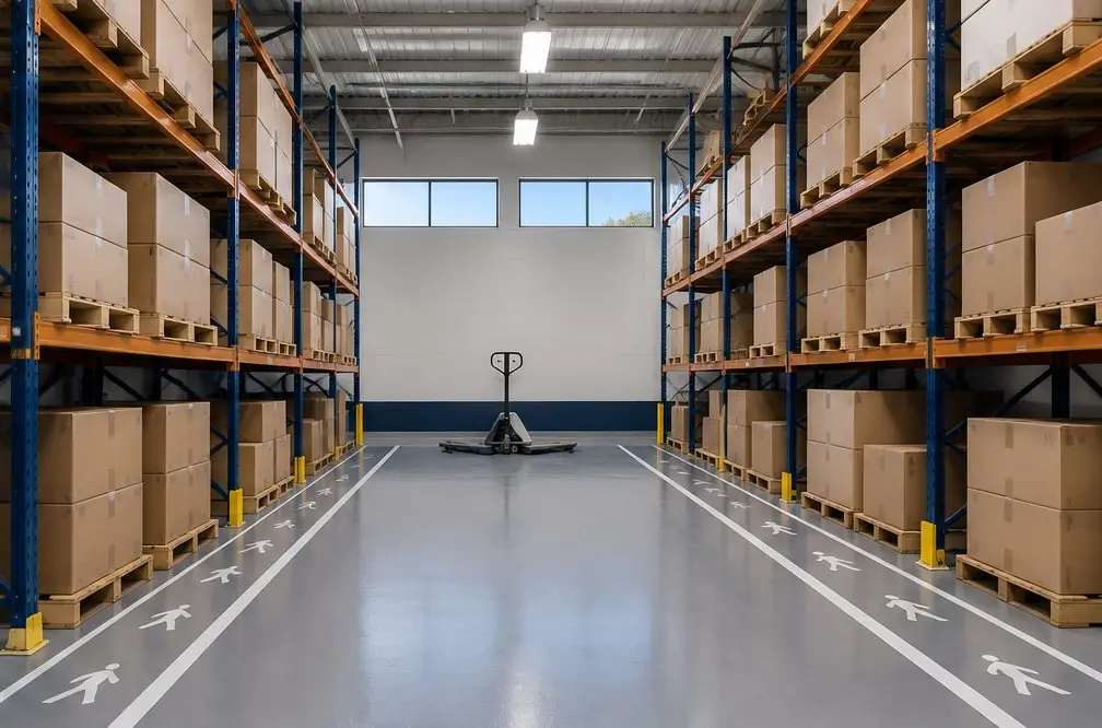Illustration: a light-industrial unit with a newly coated gray aisle, painted pedestrian lanes, pallet racking and a roll-up door open to a loading area